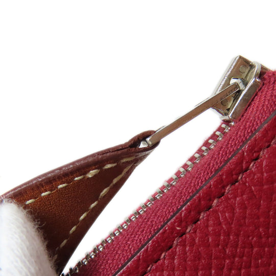 HERMES Long Wallet Purse Epsom Red Azap Silk In Long Silver Metal Women Used Authentic