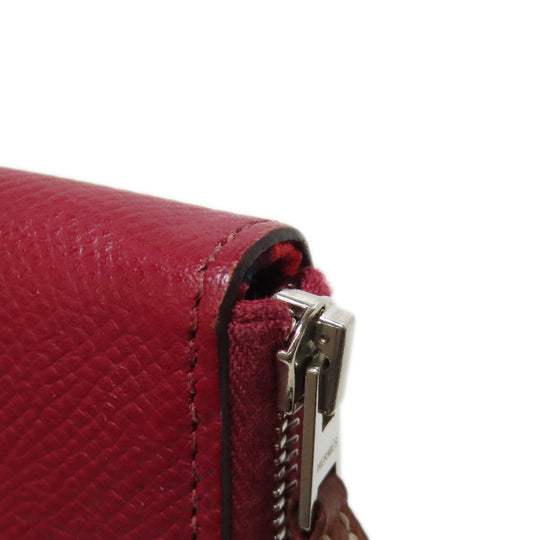 HERMES Long Wallet Purse Epsom Red Azap Silk In Long Silver Metal Women Used Authentic