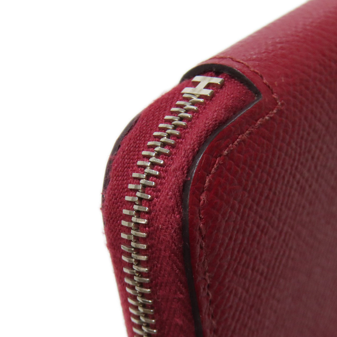 HERMES Long Wallet Purse Epsom Red Azap Silk In Long Silver Metal Women Used Authentic