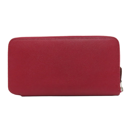 HERMES Long Wallet Purse Epsom Red Azap Silk In Long Silver Metal Women Used Authentic