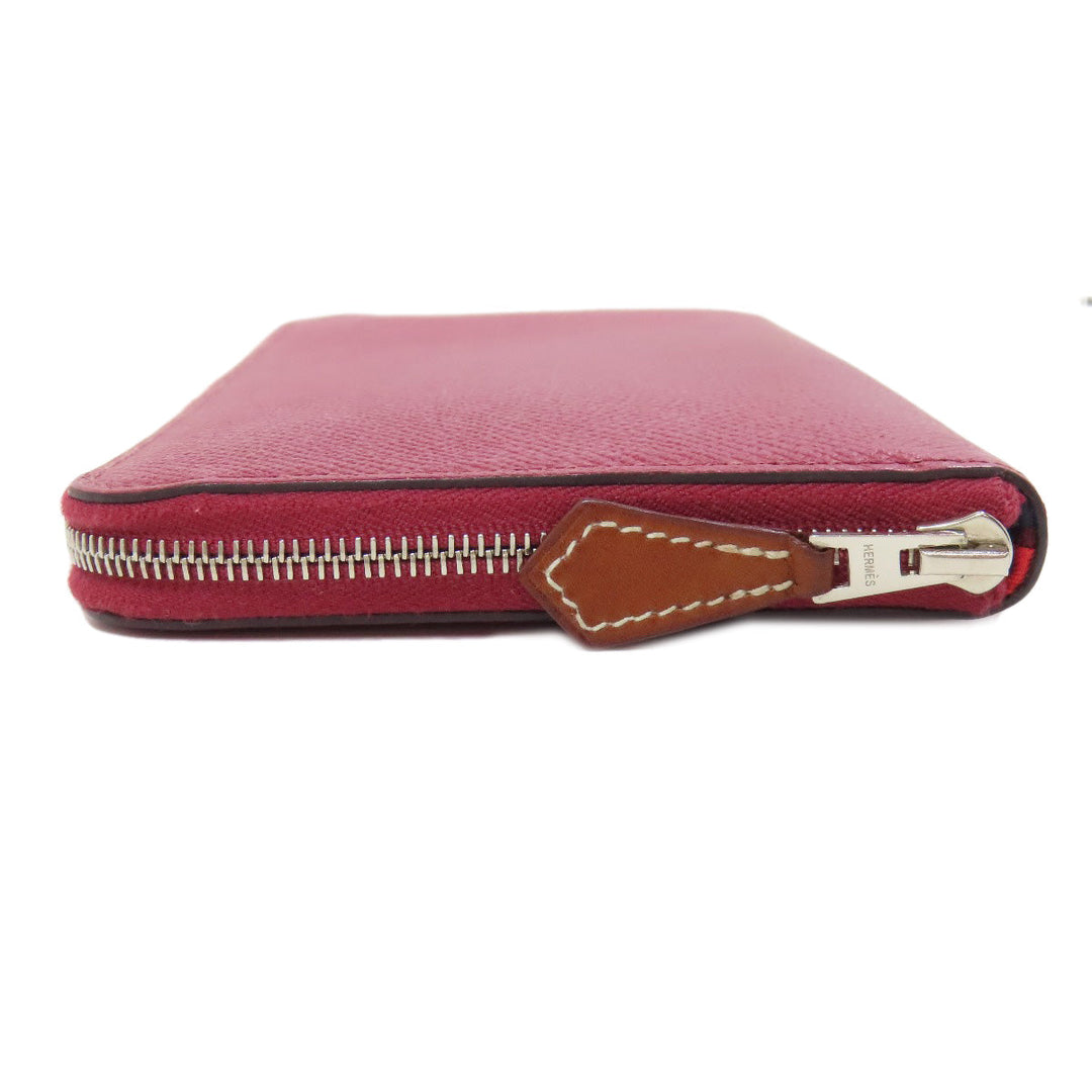 HERMES Long Wallet Purse Epsom Red Azap Silk In Long Silver Metal Women Used Authentic