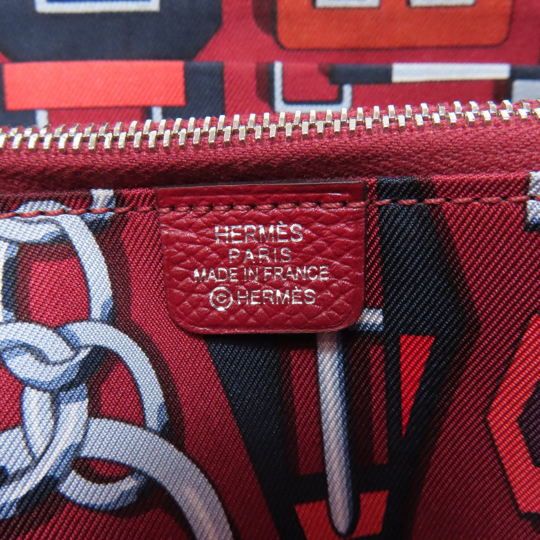 HERMES Long Wallet Purse Epsom Red Azap Silk In Long Silver Metal Women Used Authentic