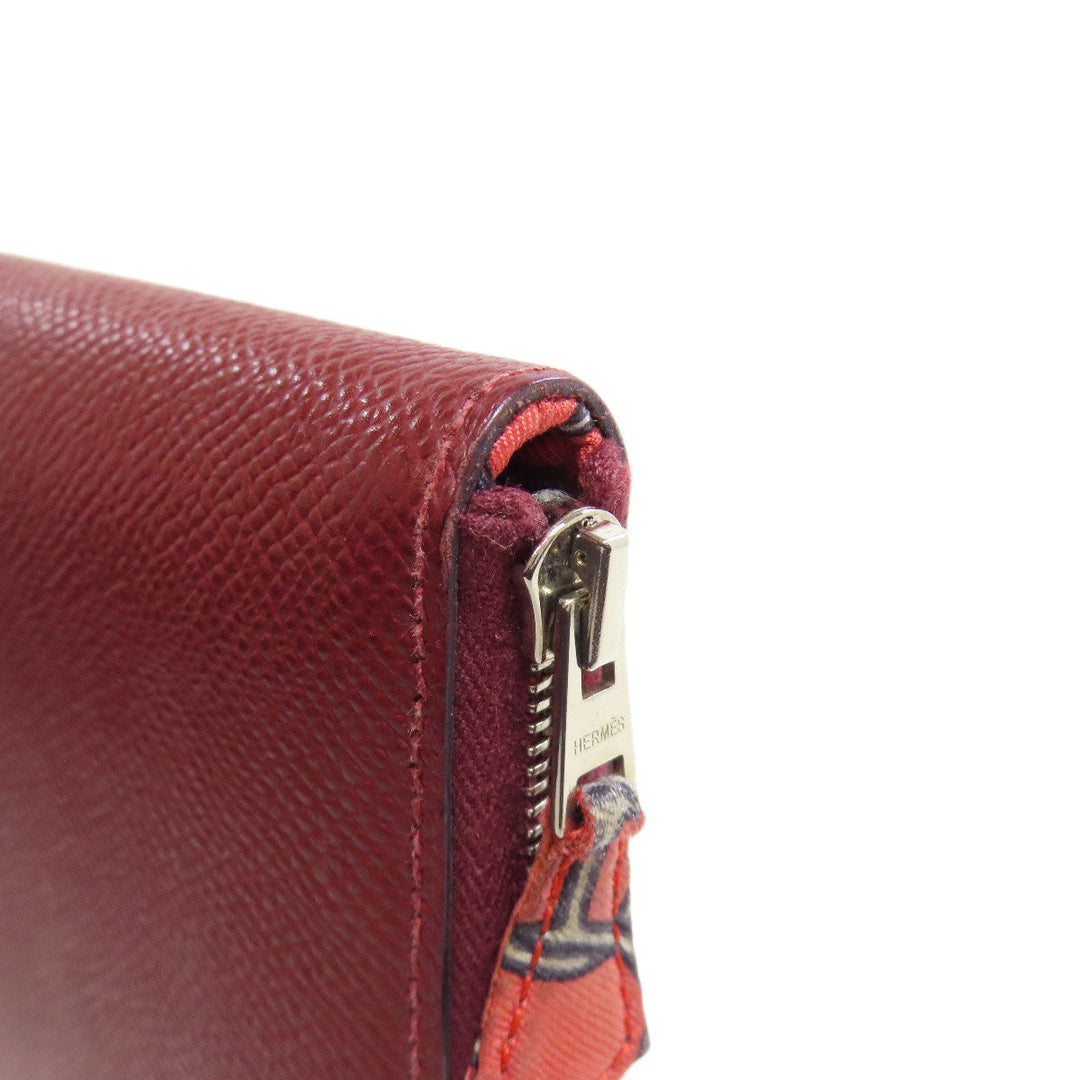HERMES Long Wallet Purse Epsom Red Azap Silkin Silver Metal Women Used Authentic