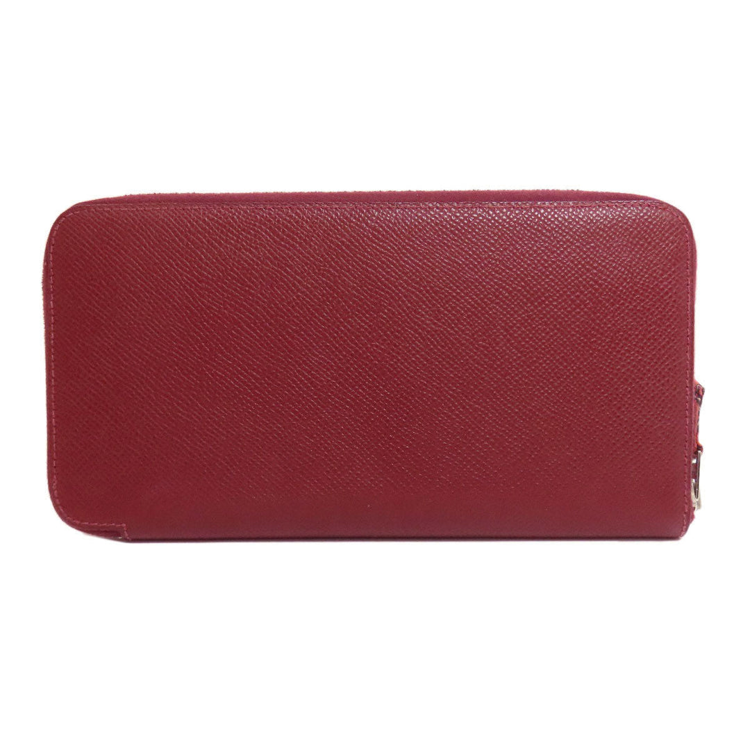 HERMES Long Wallet Purse Epsom Red Azap Silkin Silver Metal Women Used Authentic