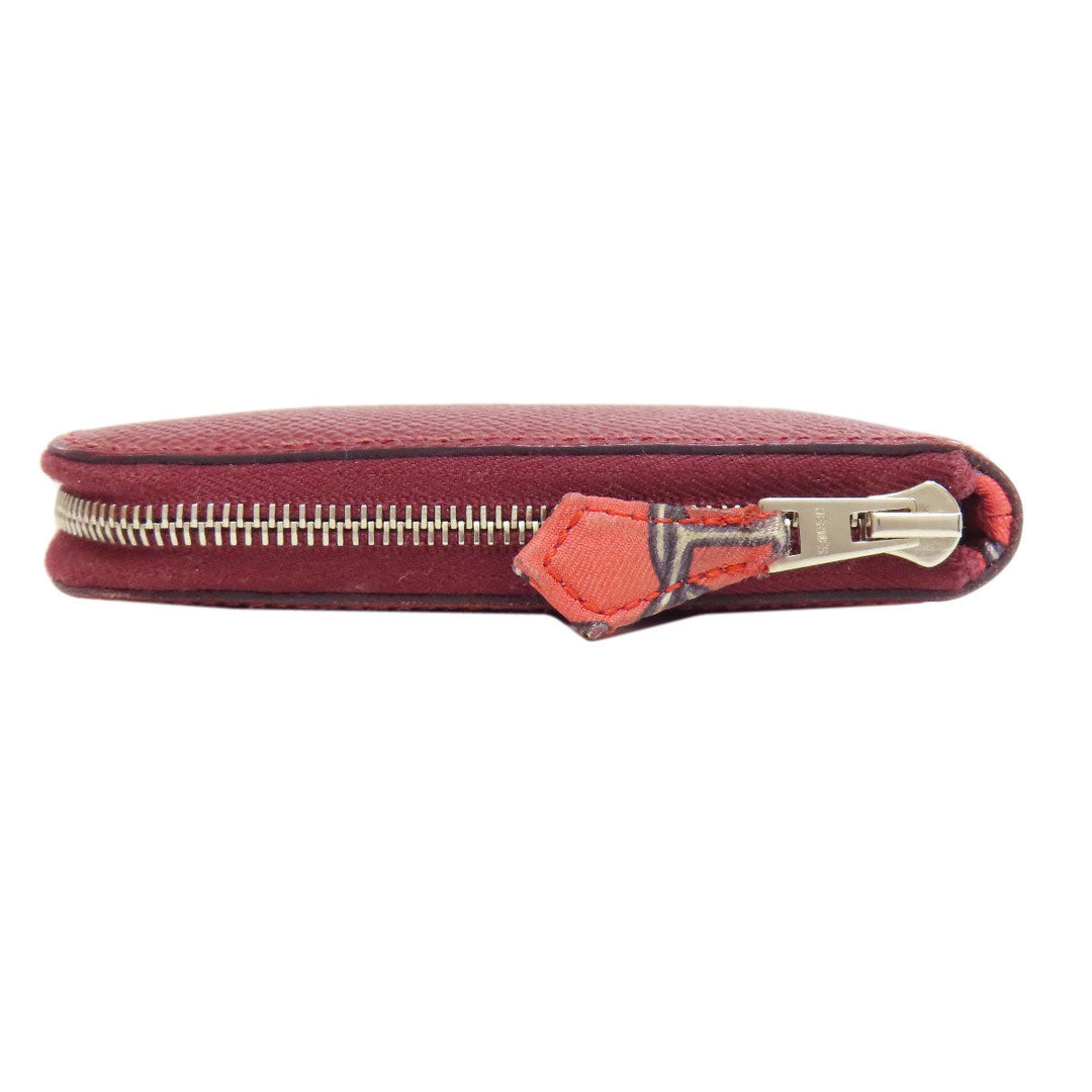 HERMES Long Wallet Purse Epsom Red Azap Silkin Silver Metal Women Used Authentic