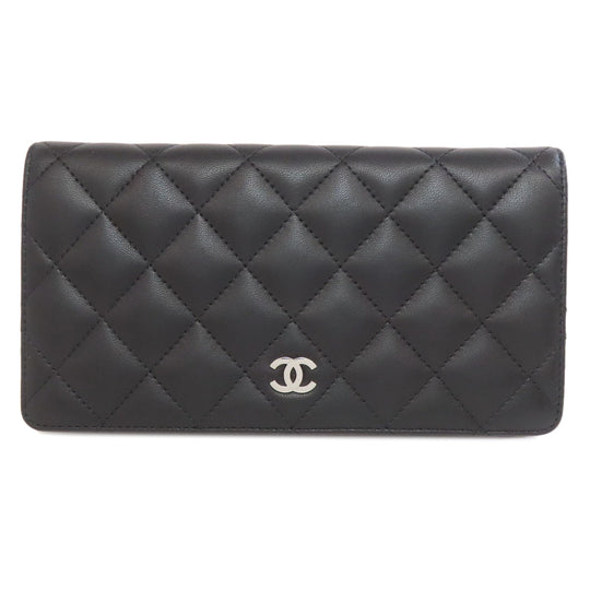 CHANEL Long Wallet Purse lambskin black Matelasse SilverMetal Women Used Authentic