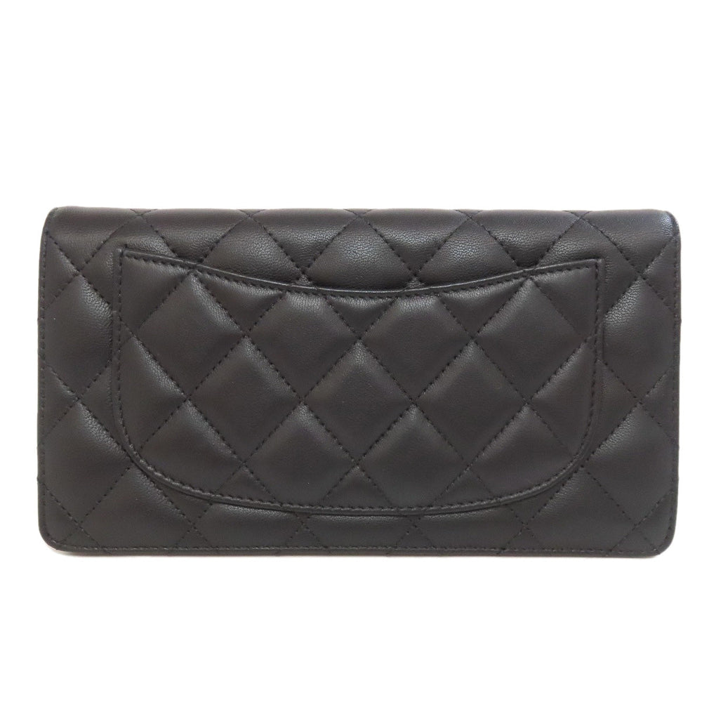 CHANEL Long Wallet Purse lambskin black Matelasse SilverMetal Women Used Authentic