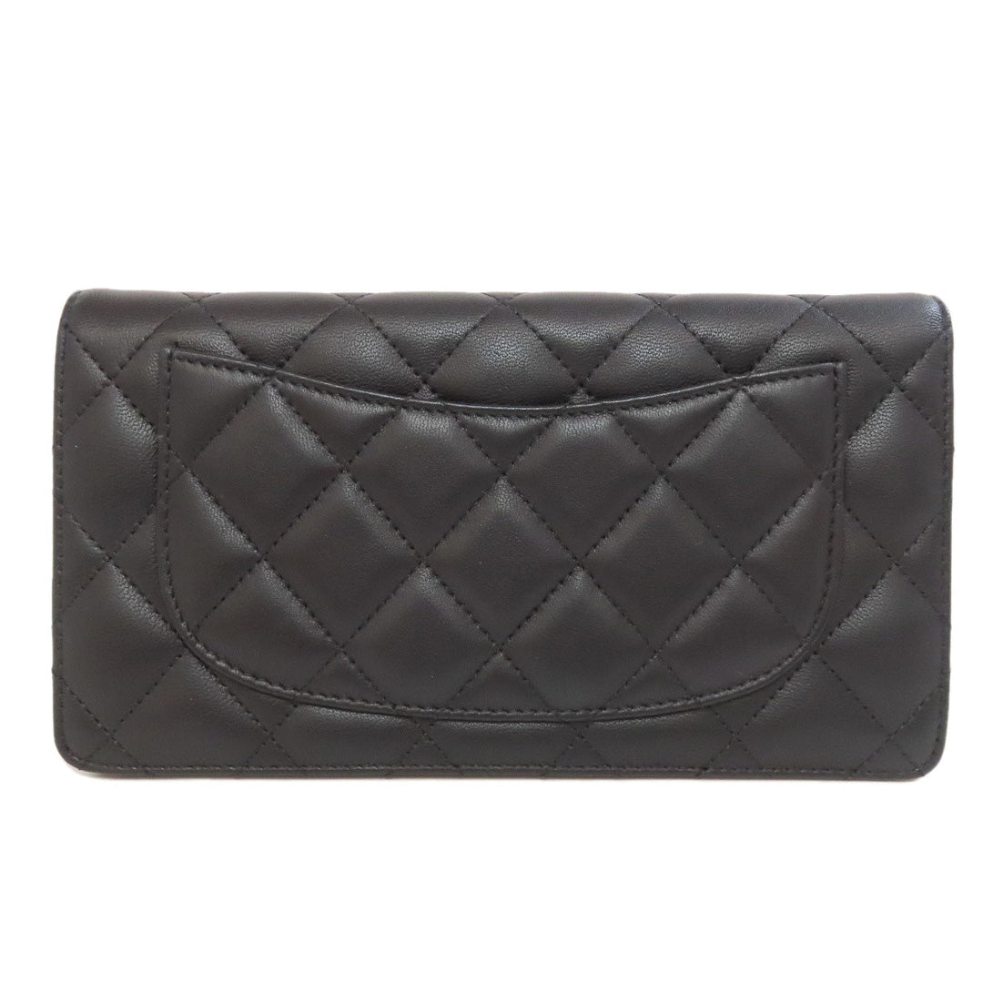 CHANEL Long Wallet Purse lambskin black Matelasse SilverMetal Women Used Authentic