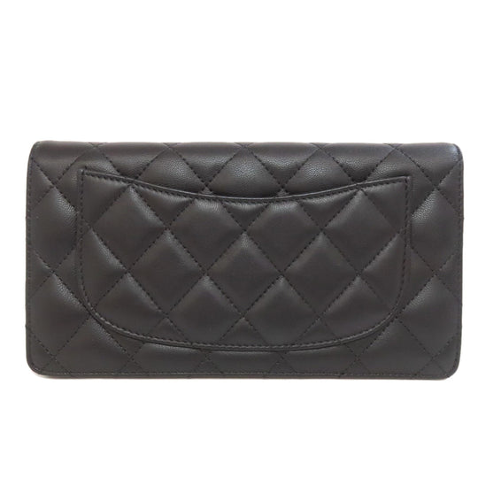 CHANEL Long Wallet Purse lambskin black Matelasse SilverMetal Women Used Authentic