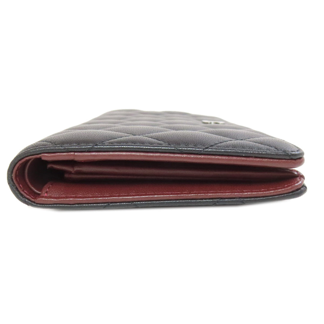 CHANEL Long Wallet Purse lambskin black Matelasse SilverMetal Women Used Authentic