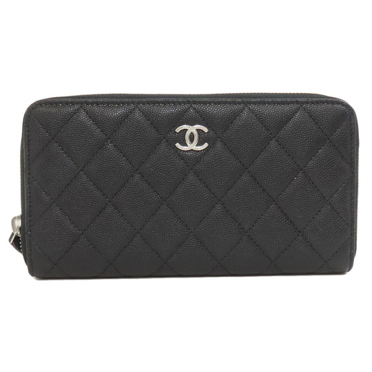 CHANEL Long Wallet Purse Grained Calfskin Skin black Matelasse SilverMetal Women Used Authentic