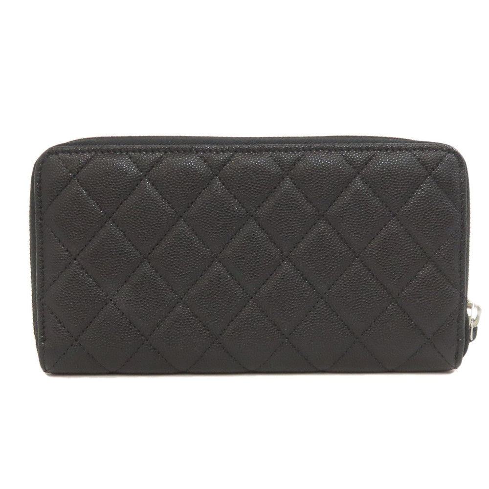 CHANEL Long Wallet Purse Grained Calfskin Skin black Matelasse SilverMetal Women Used Authentic