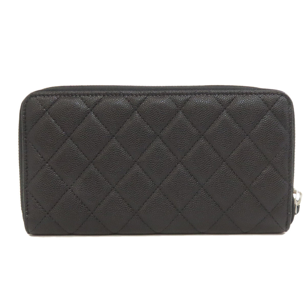 CHANEL Long Wallet Purse Grained Calfskin Skin black Matelasse SilverMetal Women Used Authentic
