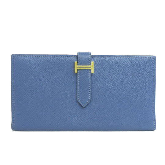 HERMES Long Wallet Purse Epsom blue Bearn Soufflet Gold Metal Women Used Authentic
