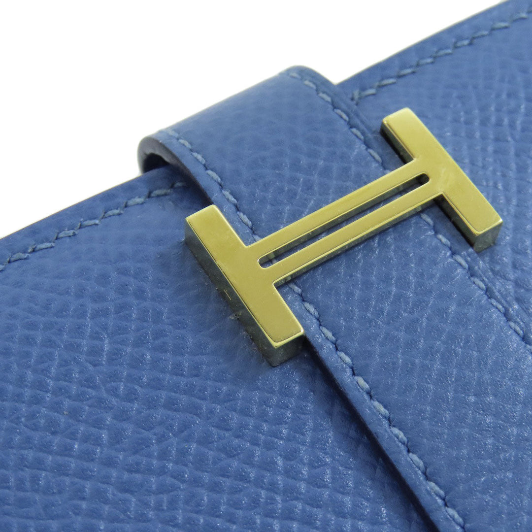 HERMES Long Wallet Purse Epsom blue Bearn Soufflet Gold Metal Women Used Authentic