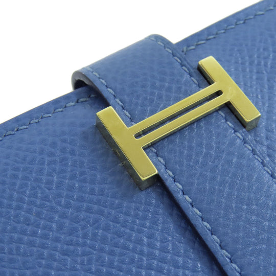 HERMES Long Wallet Purse Epsom blue Bearn Soufflet Gold Metal Women Used Authentic
