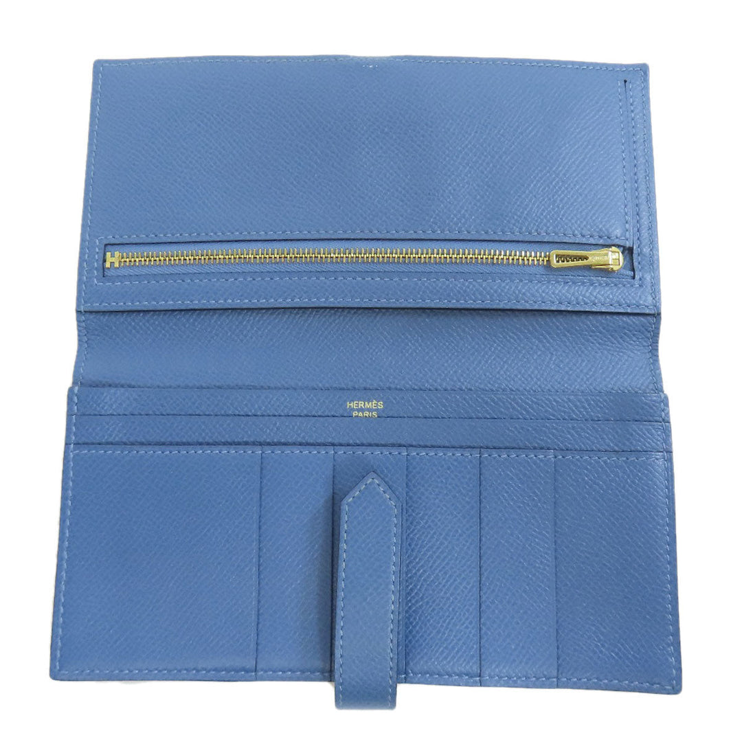 HERMES Long Wallet Purse Epsom blue Bearn Soufflet Gold Metal Women Used Authentic