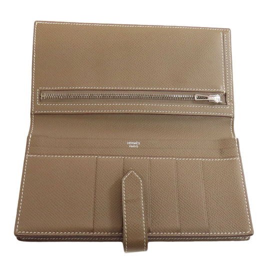 HERMES Long Wallet Purse Epsom beige Bearn soufflet etope SilverMetal Women Used Authentic