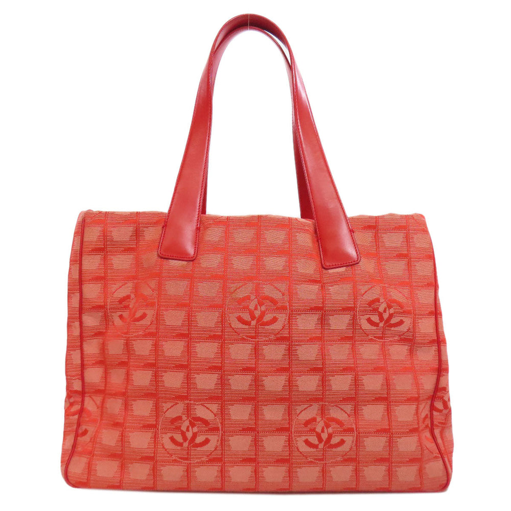 CHANEL Tote Bag Nylon jacquard Red New Travel Line MM Women Used Authentic
