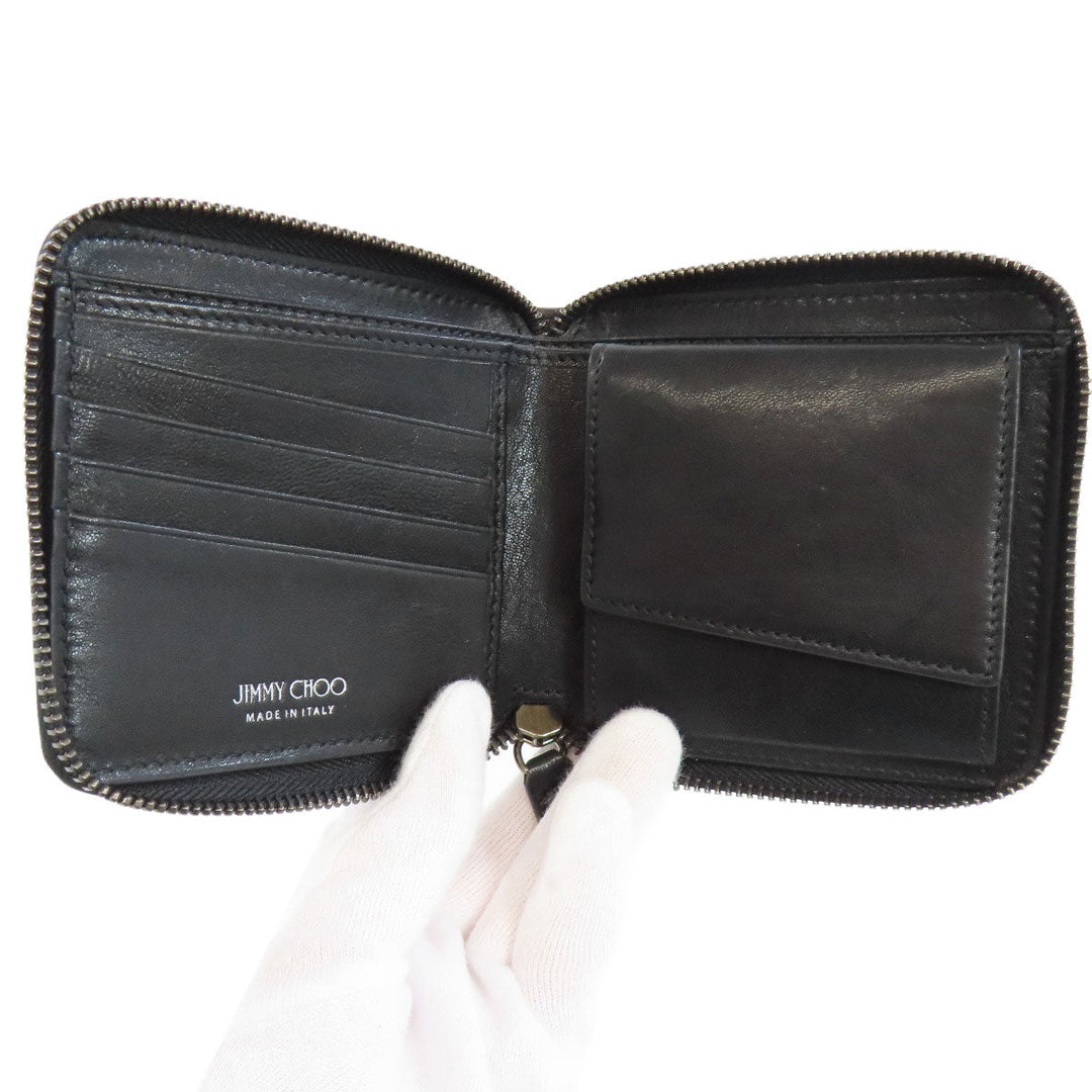 JIMMY CHOO Bifold Wallet leather black Studs star motif Women Used Authentic