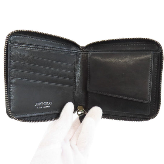 JIMMY CHOO Bifold Wallet leather black Studs star motif Women Used Authentic