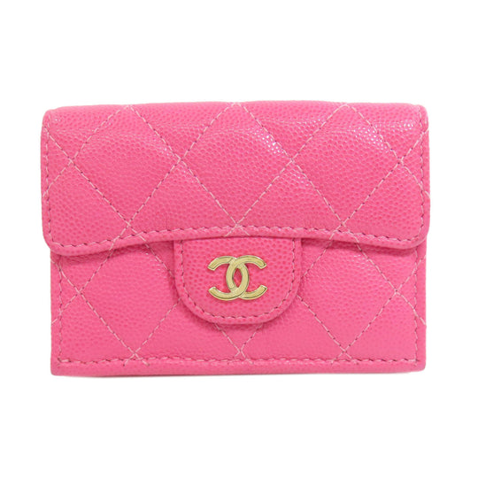 CHANEL Bifold Wallet Grained Calfskin Skin pink COCO Mark Gold Metal Tri-fold Wallet Women Used Authentic