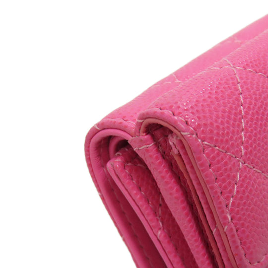 CHANEL Bifold Wallet Grained Calfskin Skin pink COCO Mark Gold Metal Tri-fold Wallet Women Used Authentic