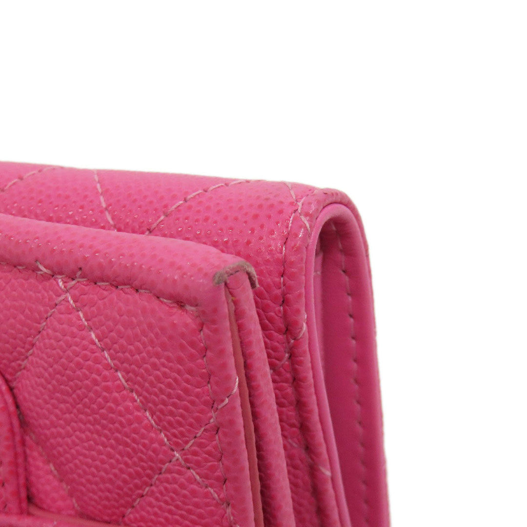 CHANEL Bifold Wallet Grained Calfskin Skin pink COCO Mark Gold Metal Tri-fold Wallet Women Used Authentic