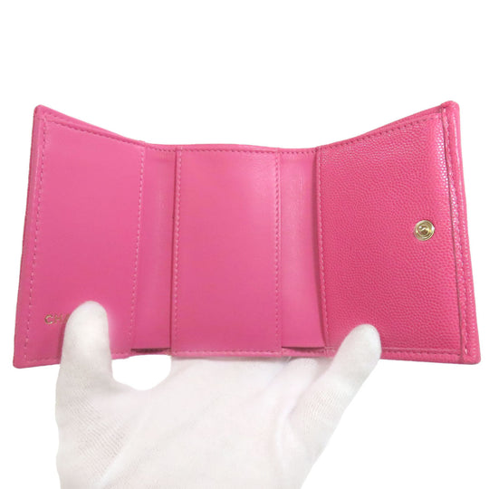 CHANEL Bifold Wallet Grained Calfskin Skin pink COCO Mark Gold Metal Tri-fold Wallet Women Used Authentic