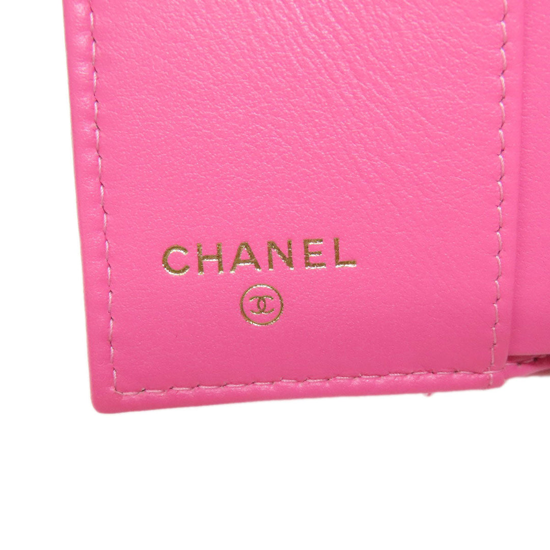 CHANEL Bifold Wallet Grained Calfskin Skin pink COCO Mark Gold Metal Tri-fold Wallet Women Used Authentic