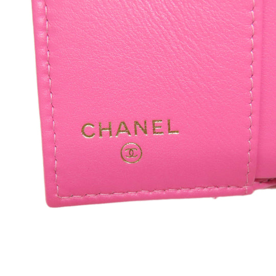 CHANEL Bifold Wallet Grained Calfskin Skin pink COCO Mark Gold Metal Tri-fold Wallet Women Used Authentic