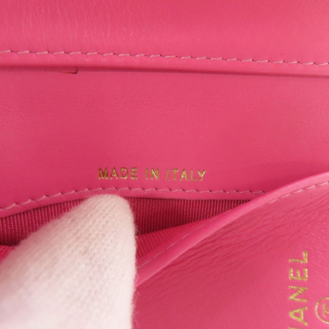 CHANEL Bifold Wallet Grained Calfskin Skin pink COCO Mark Gold Metal Tri-fold Wallet Women Used Authentic