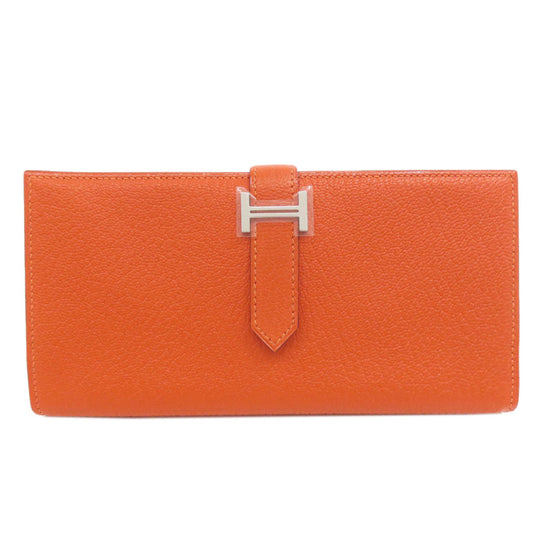 HERMES Long Wallet Purse Shave Orange Bearn Soufflet Silver Metal Women Used Authentic