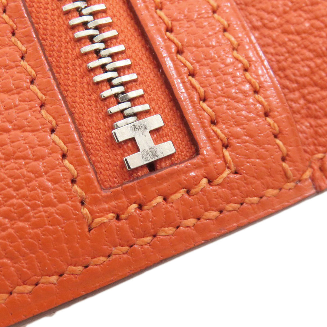 HERMES Long Wallet Purse Shave Orange Bearn Soufflet Silver Metal Women Used Authentic