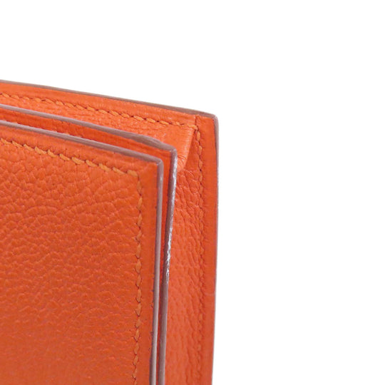 HERMES Long Wallet Purse Shave Orange Bearn Soufflet Silver Metal Women Used Authentic