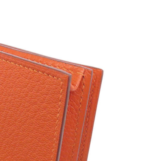 HERMES Long Wallet Purse Shave Orange Bearn Soufflet Silver Metal Women Used Authentic
