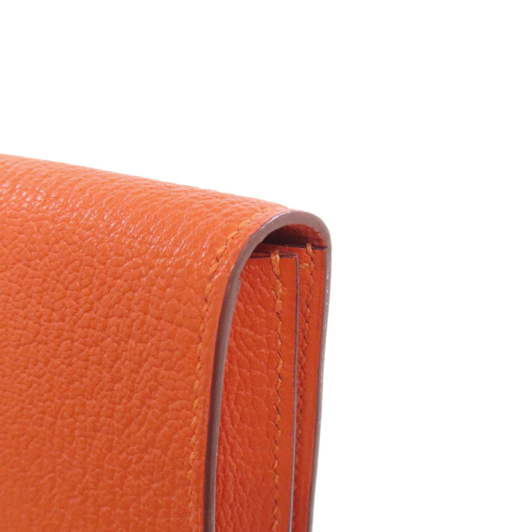 HERMES Long Wallet Purse Shave Orange Bearn Soufflet Silver Metal Women Used Authentic