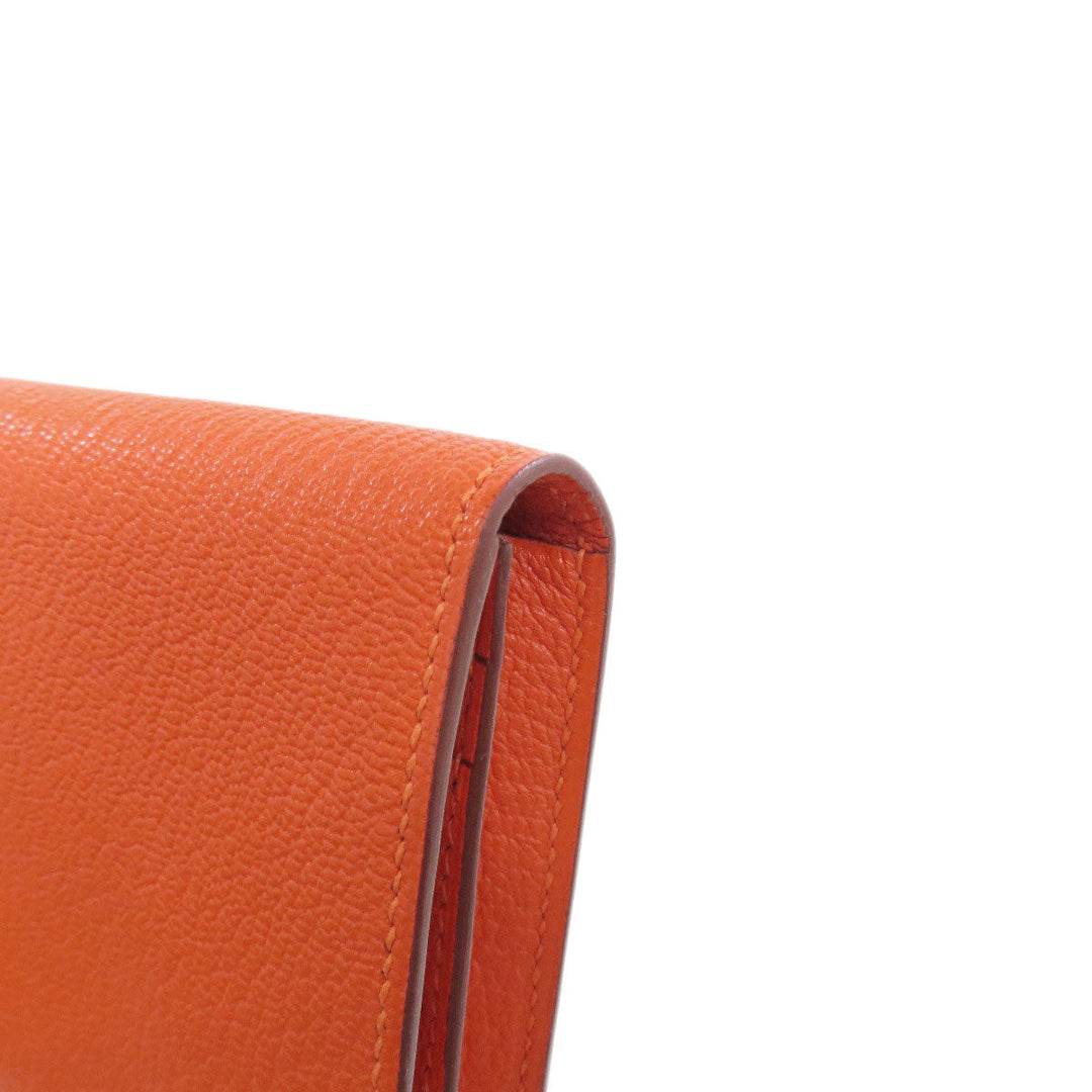 HERMES Long Wallet Purse Shave Orange Bearn Soufflet Silver Metal Women Used Authentic
