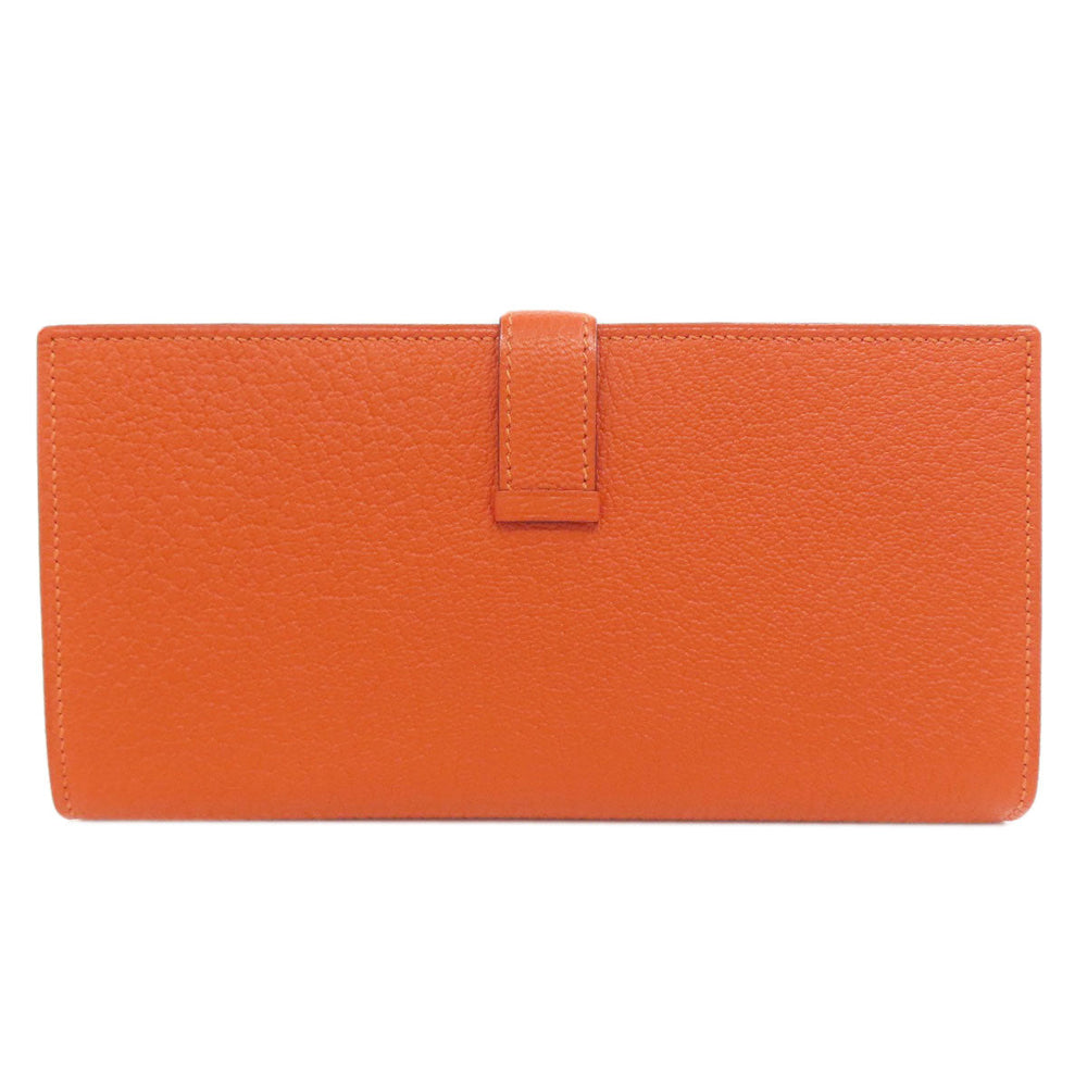 HERMES Long Wallet Purse Shave Orange Bearn Soufflet Silver Metal Women Used Authentic