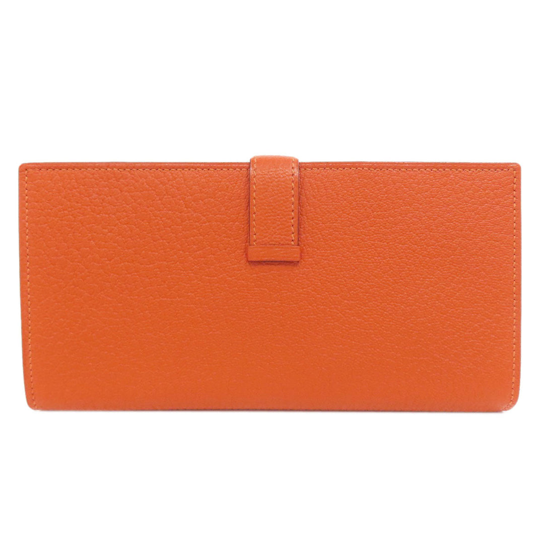 HERMES Long Wallet Purse Shave Orange Bearn Soufflet Silver Metal Women Used Authentic