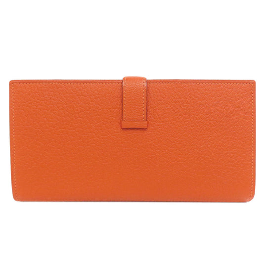 HERMES Long Wallet Purse Shave Orange Bearn Soufflet Silver Metal Women Used Authentic