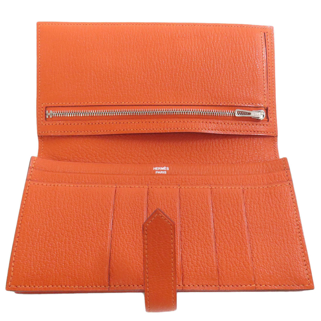 HERMES Long Wallet Purse Shave Orange Bearn Soufflet Silver Metal Women Used Authentic