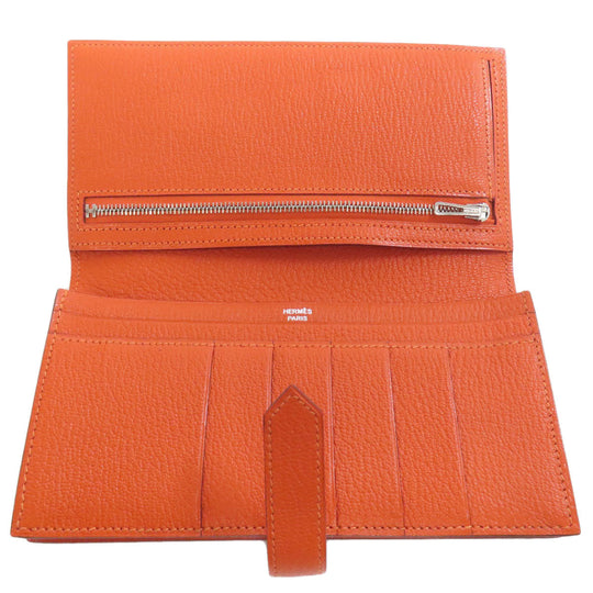 HERMES Long Wallet Purse Shave Orange Bearn Soufflet Silver Metal Women Used Authentic