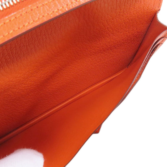 HERMES Long Wallet Purse Shave Orange Bearn Soufflet Silver Metal Women Used Authentic