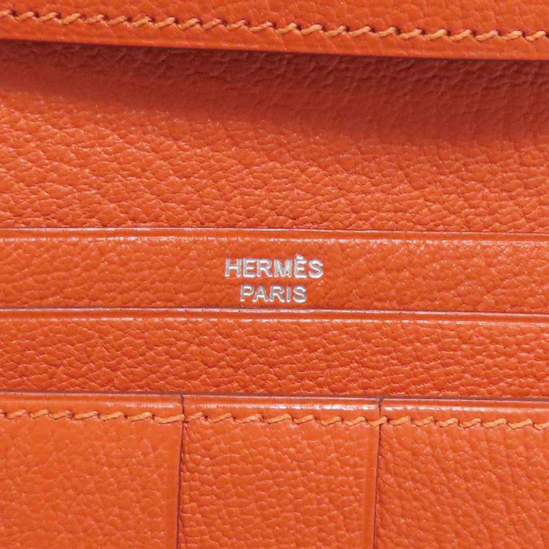 HERMES Long Wallet Purse Shave Orange Bearn Soufflet Silver Metal Women Used Authentic