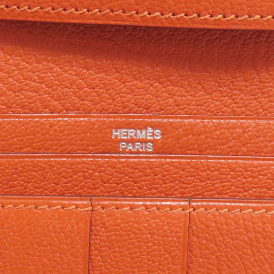 HERMES Long Wallet Purse Shave Orange Bearn Soufflet Silver Metal Women Used Authentic