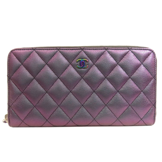 CHANEL Long Wallet Purse Calfskin purple Matelasse COCO Mark SilverMetal Women Used Authentic