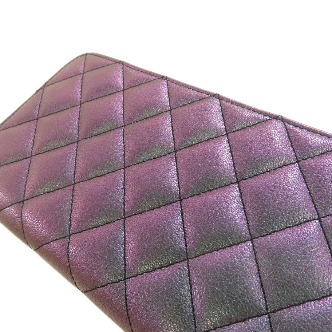 CHANEL Long Wallet Purse Calfskin purple Matelasse COCO Mark SilverMetal Women Used Authentic