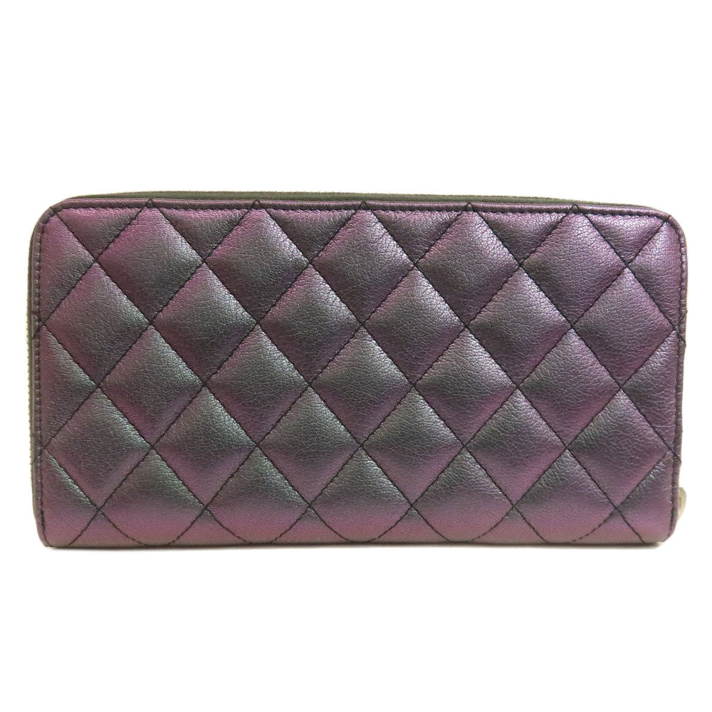 CHANEL Long Wallet Purse Calfskin purple Matelasse COCO Mark SilverMetal Women Used Authentic