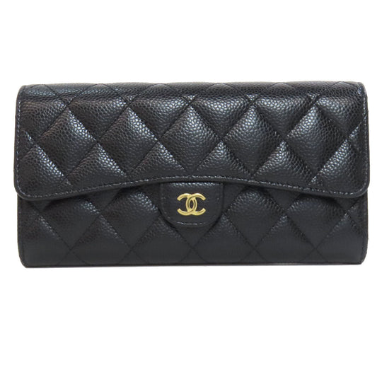 CHANEL Long Wallet Purse Grained Calfskin Skin black COCO Mark Gold Metal